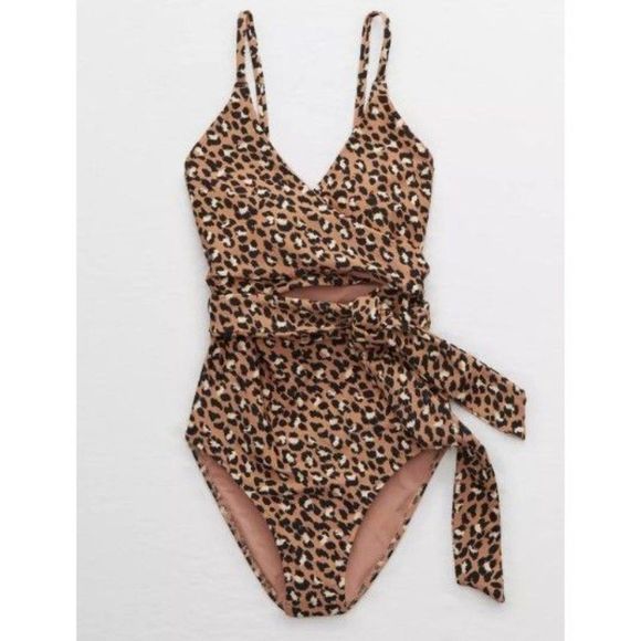 aerie leopard wrap one piece swimsuit in raw sienna m long - Picture 3 of 7